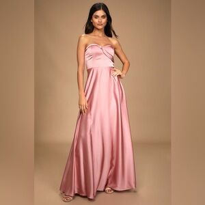 Lulus Maxi Dress Real Romantic Light Rose Pink Satin Strapless Flowy Size S